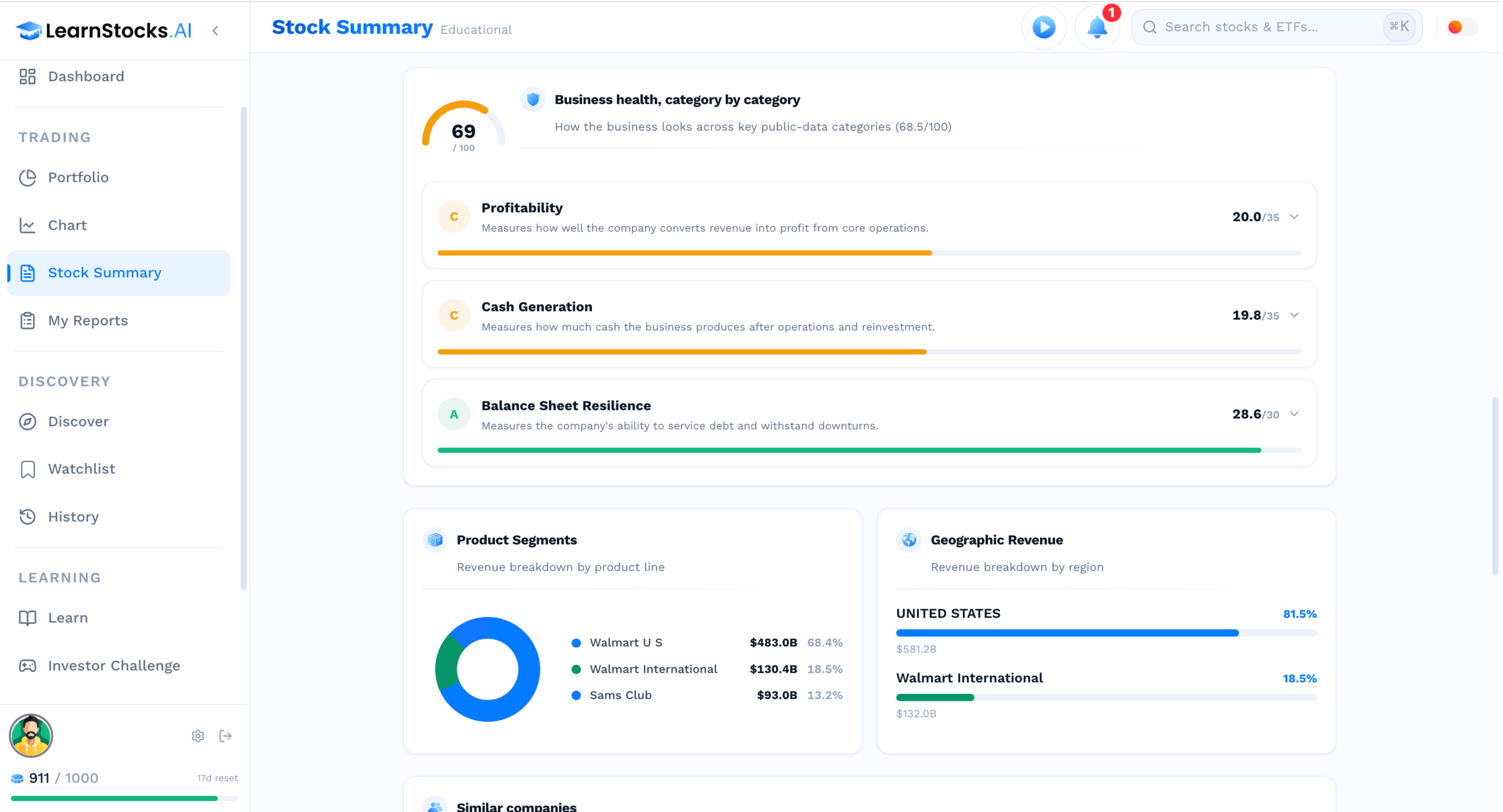 Desktop stock summary with health scores, product segments, and geographic revenue