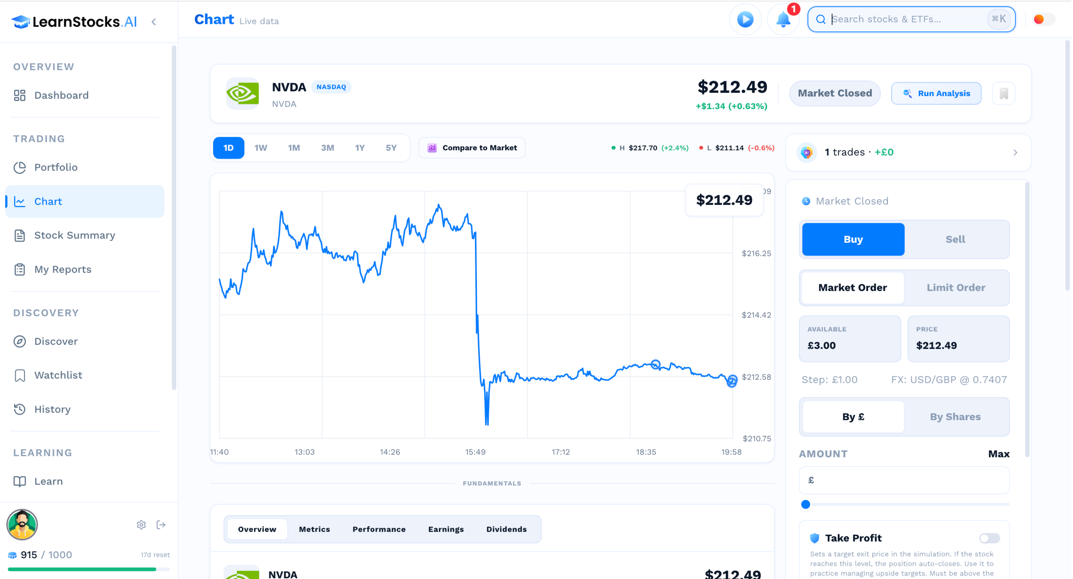 Desktop chart view with NVDA stock, live prices, and buy/sell panel